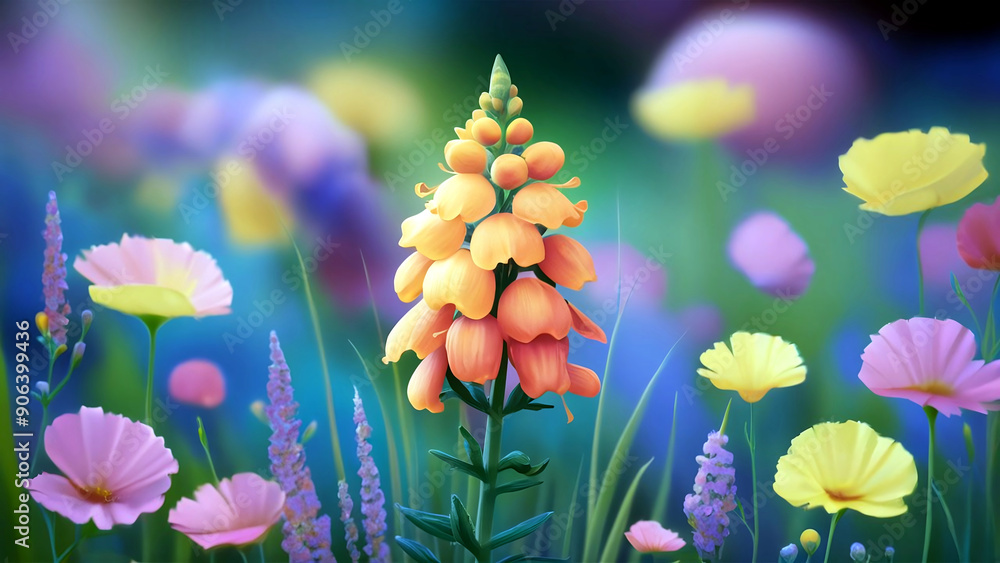 Fototapeta premium Vibrant snapdragon flowers in a minimalist garden setting with a soft, blurred background, perfect for home decor themes and botanical aesthetics. 