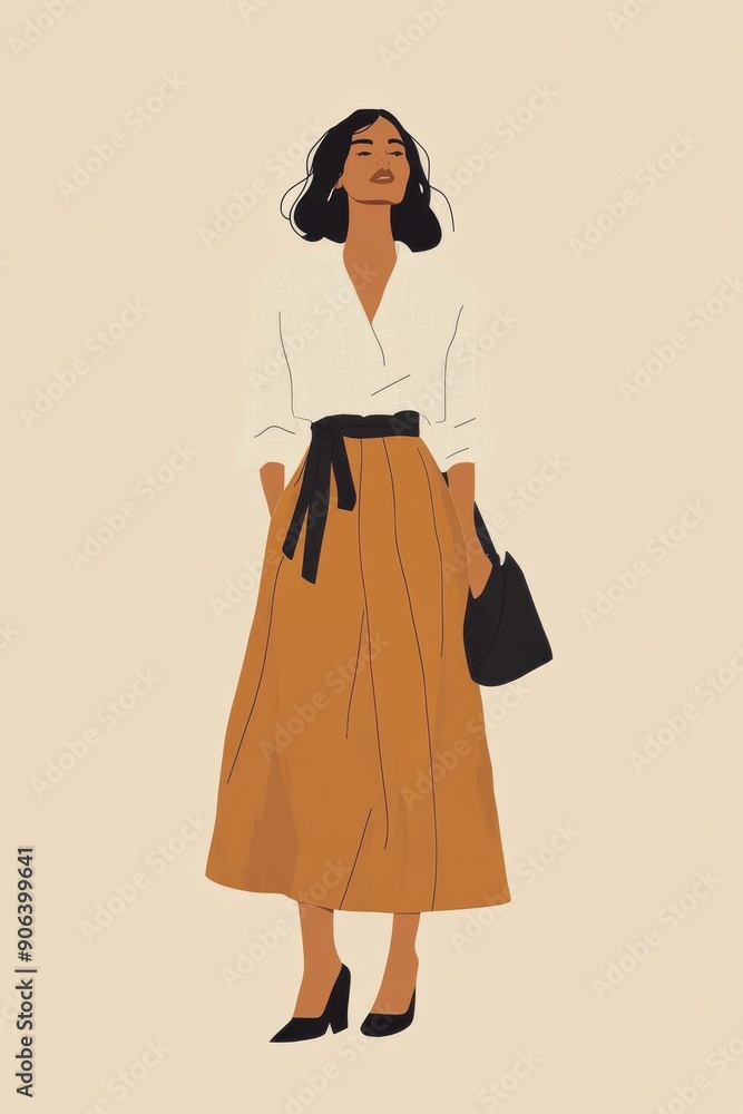 Minimalism illustration, a South Asian woman, wearing a natural linen blouse with organic cotton skirt, standing with a relaxed pose, eco-friendly fashion, boho, flat illustration Minimalism illustration, a South Asian woman, wearing a natural linen blouse with organic cotton skirt, standing with a relaxed pose, eco-friendly fashion, boho, flat illustration