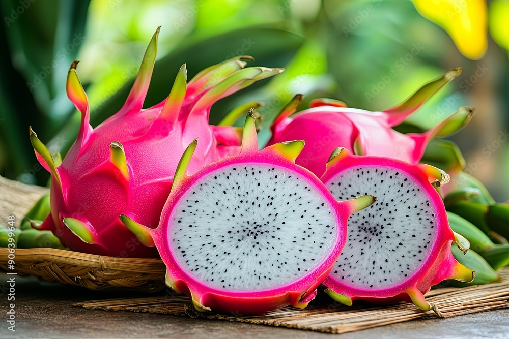 Freshly sliced dragon fruit on a bamboo mat surrounded by whole fruits in a lush green setting Freshly sliced dragon fruit on a bamboo mat surrounded by whole fruits in a lush green setting
