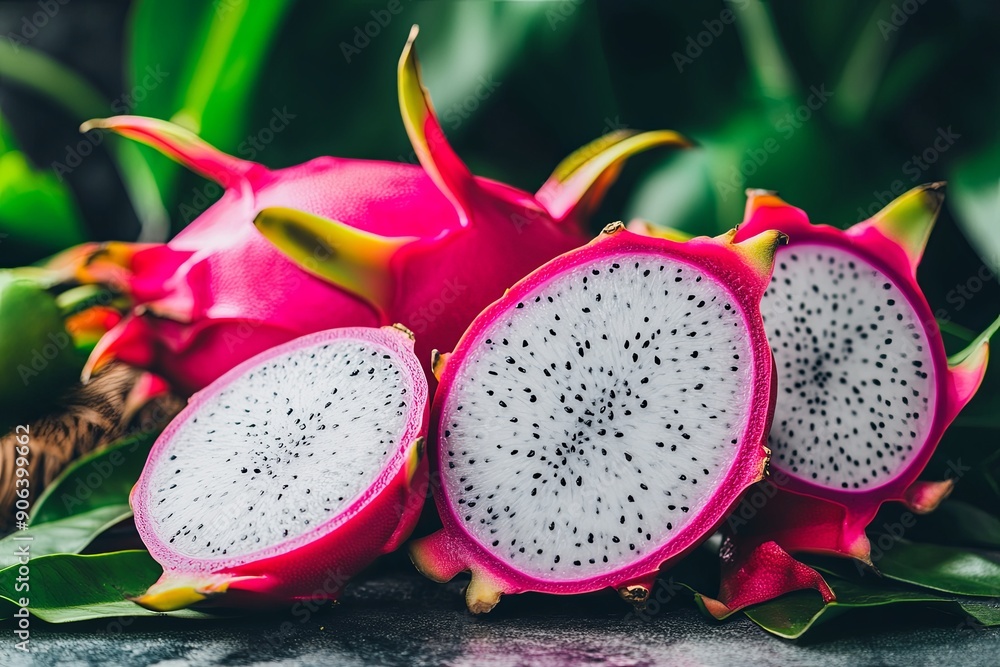 Freshly sliced dragon fruit halves displayed on a vibrant green tropical background Freshly sliced dragon fruit halves displayed on a vibrant green tropical background