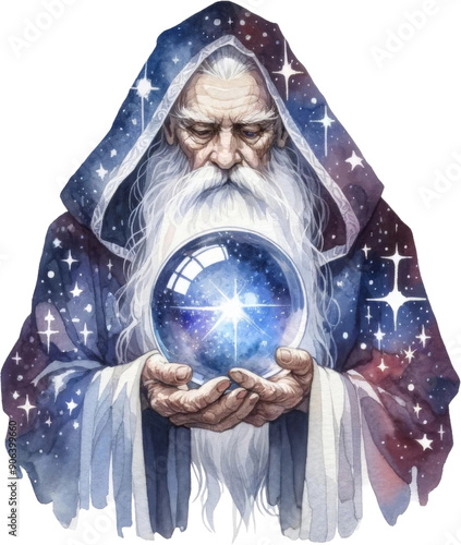 A man holding a crystal ball with a blue robe