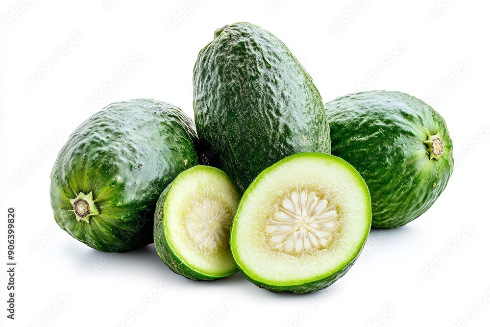 Fresh green cucumbers cut in half displayed on white surface in bright light Fresh green cucumbers cut in half displayed on white surface in bright light