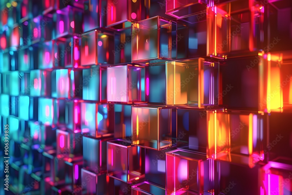 Vibrant Abstract Wall of Colorful Glass Cubes Illuminated by Dynamic Lighting