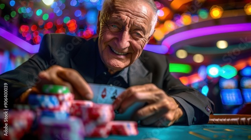 The elderly man with poker cards photo