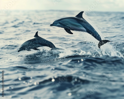 Two dolphins leaping gracefully from the ocean waves, showcasing their playful nature and beauty in a serene marine environment.