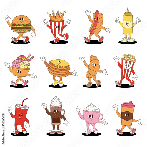 Retro groovy fast food, desserts and coffee characters set. Soda, coffee, hotdog, hamburger,chicken, mustard,  ice cream, croissant, popcorn, pancakes.
