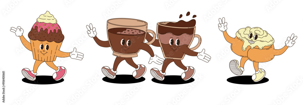 Retro groovy desserts and coffee characters set. Coffee, cinnabon, cupcake. Retro groovy desserts and coffee characters set. Coffee, cinnabon, cupcake.