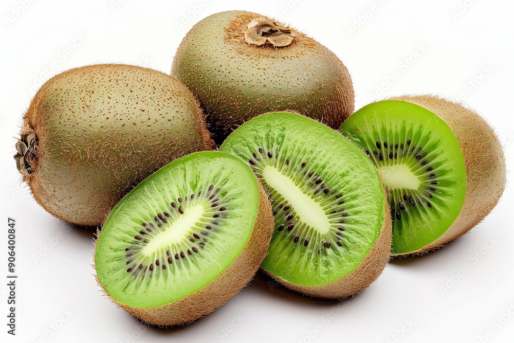 Obraz premium Freshly cut kiwi fruit slices displayed among whole kiwi fruits on a clean surface
