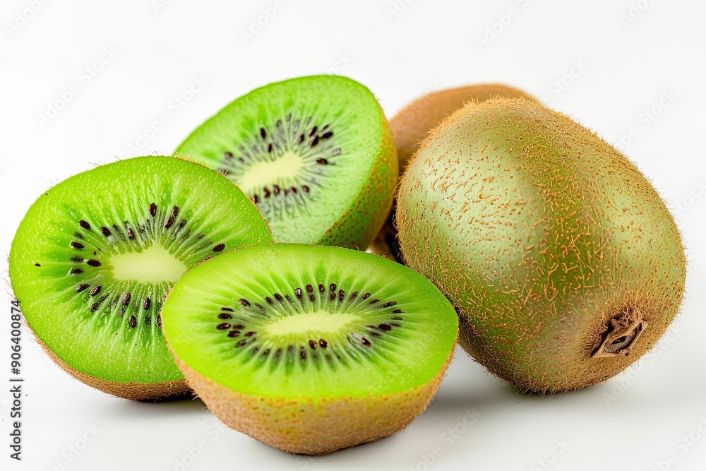 Freshly cut kiwi fruits displaying bright green flesh and textured skin against a white background Freshly cut kiwi fruits displaying bright green flesh and textured skin against a white background