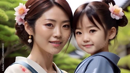  A beautifully rendered 3D animation featuring an Asian woman and a child, both with serene expressions and dressed in traditional attire, showcasing the delicate artistry of digital painting.