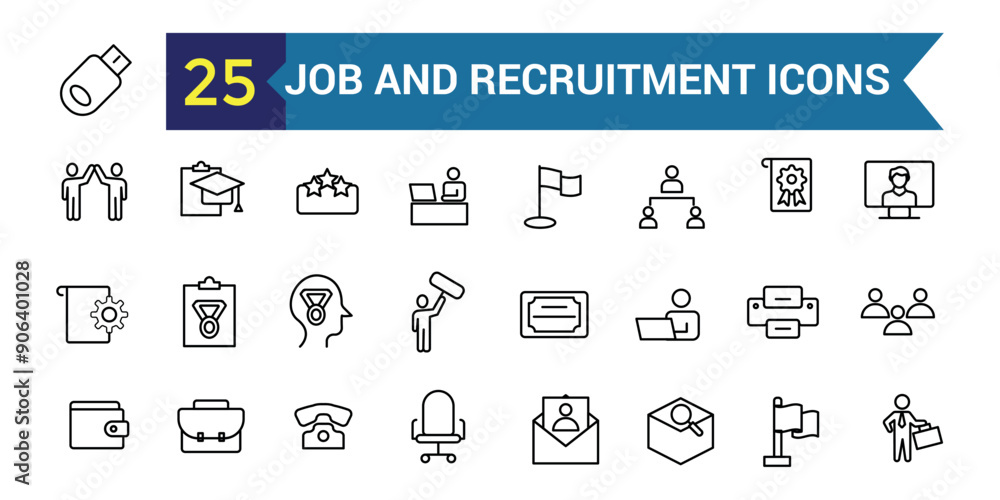 Job and Recruitment icons in line style. Career, resume, candidate, job hiring, collection. Vector illustration. Job and Recruitment icons in line style. Career, resume, candidate, job hiring, collection. Vector illustration.