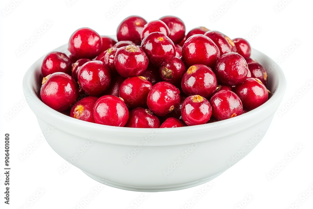 Freshly harvested red berries in a white bowl set against a simple background Freshly harvested red berries in a white bowl set against a simple background