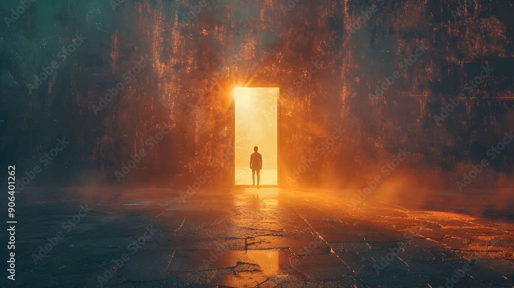 Fototapeta premium Silhouetted Figure Standing in Luminous Doorway Symbolizing Hope and New Opportunities