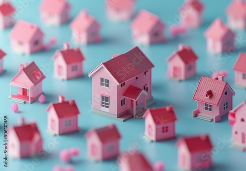 Pink Toy Houses on Blue Surface