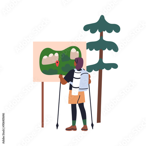 Hiker tourist looking for route at trail map during trekking, hiking adventure outdoors. Backpacker, climber orienteering in nature, travel. Flat vector illustration isolated on white background