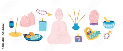 Meditation Altar elements set. Meditation shrine. Collection of elements for Buddhist altar. Feng shui vector illustration
