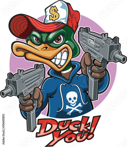 Cartoon style gangster mallard duck pointing machine  guns