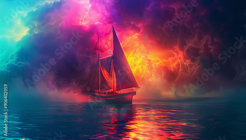 A ship is sailing in the ocean with a bright purple and pink color scheme