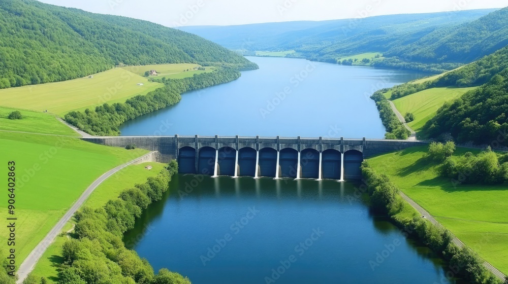 Fototapeta premium Stunning Aerial View of a Large Dam Overlooking a Serene River Valley