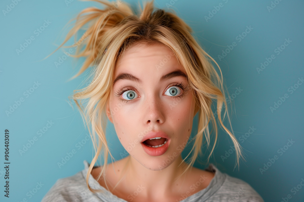 Portrait of young blonde woman showing cute surprised expression Portrait of young blonde woman showing cute surprised expression