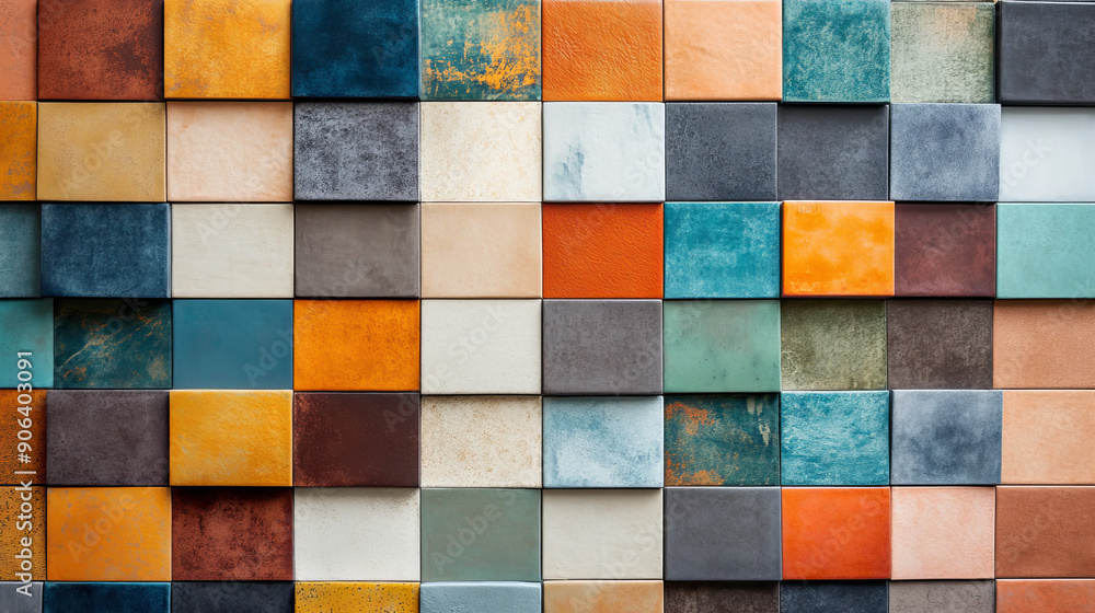 Colored samples of ceramic tiles are displayed, showcasing options for kitchen or bathroom interiors. These samples include various designs and colors, highlighting floor and wall tiles made of porcel Colored samples of ceramic tiles are displayed, showcasing options for kitchen or bathroom interiors. These samples include various designs and colors, highlighting floor and wall tiles made of porcel