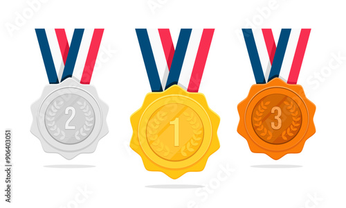 Awards medals flat design. Gold, silver, bronze medals with ribbon. Sports medals of competitions