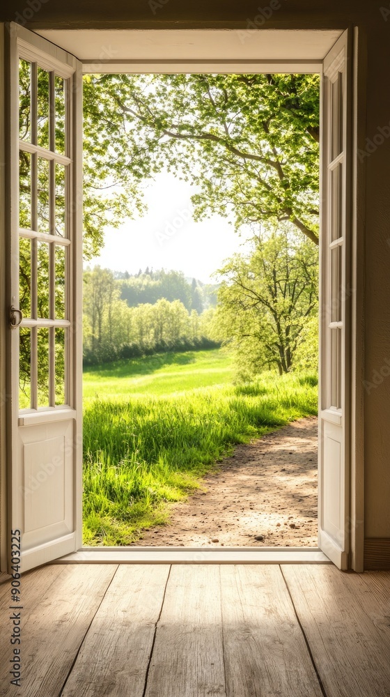 Sunlit Open Door Leading to Lush Green Fields and Trees in Spring Sunlit Open Door Leading to Lush Green Fields and Trees in Spring