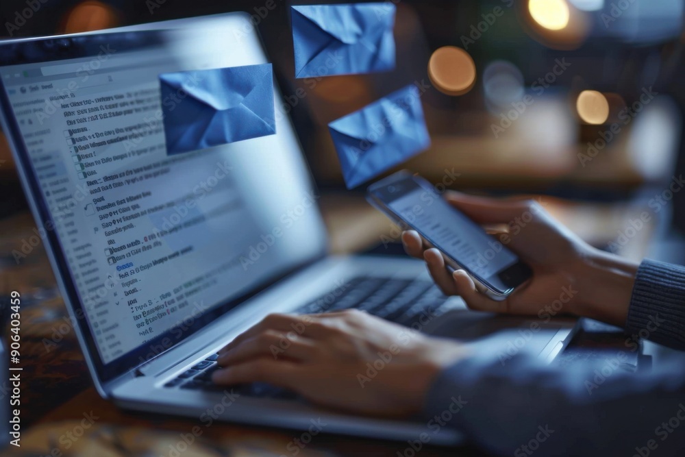 Person Working on Laptop and Phone with Email Notifications Person Working on Laptop and Phone with Email Notifications