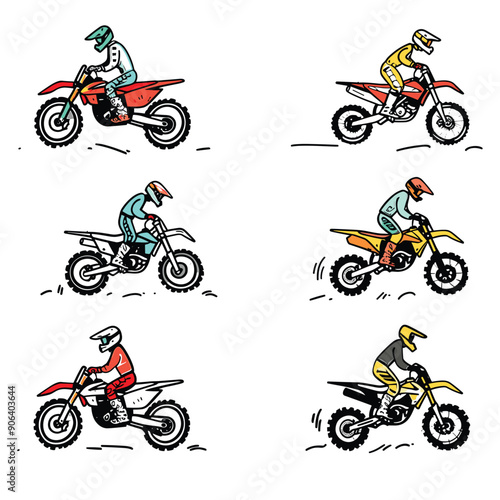 Six motocross riders illustrated performing jumps tricks dirt bikes. Diverse colors designs display vibrant motocross apparel motorcycle styles. Actionpacked vector illustration captures dynamic