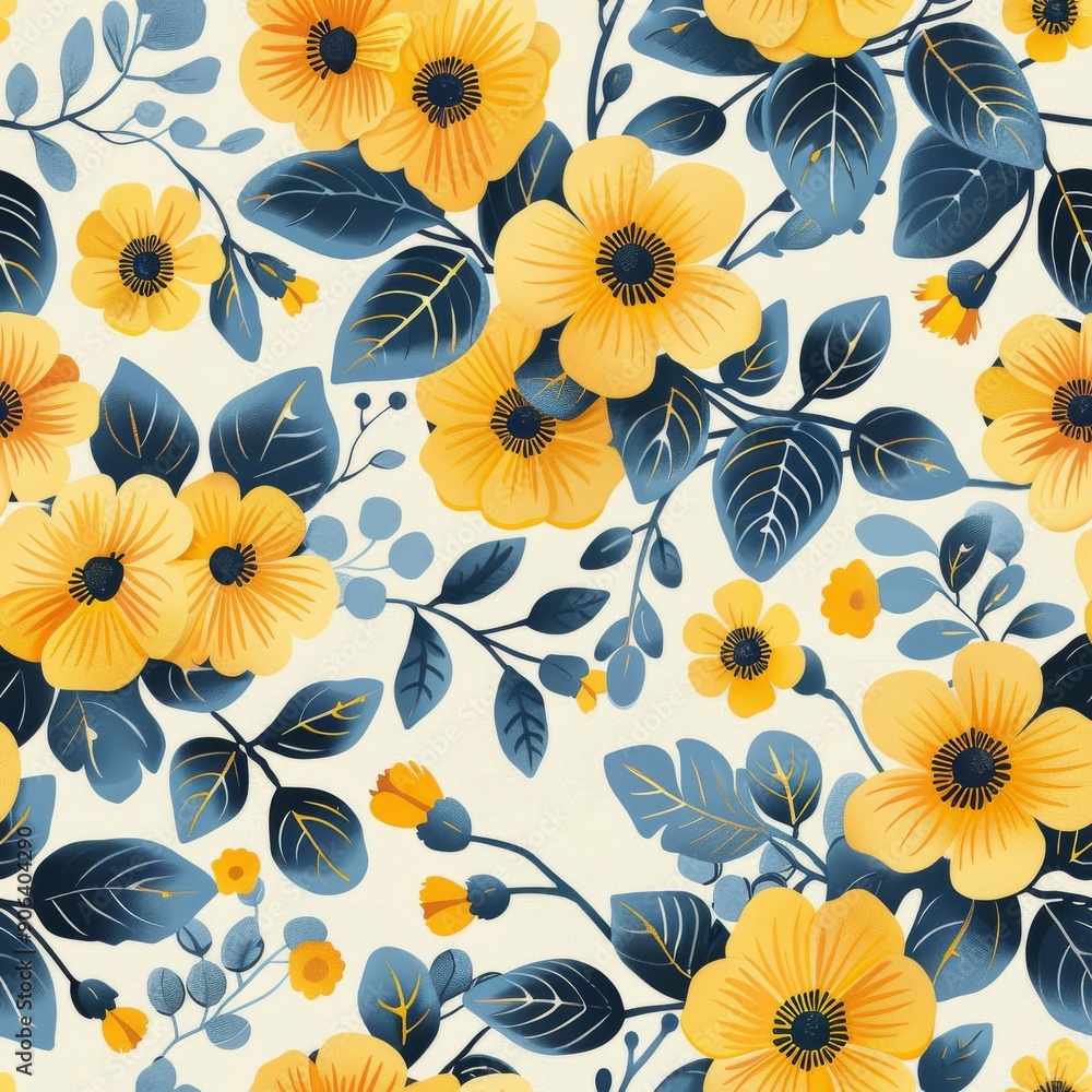Seamless pattern with yellow and blue flowers. illustration. Seamless pattern with yellow and blue flowers. illustration.