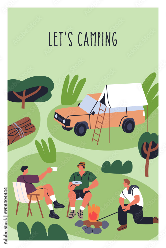 Naklejka premium Camping poster with friends by bonfire at campsite. Summer holiday campground with tent, campfire and car. Campers relaxing by fire outdoors in nature on vacation, card. Flat vector illustration