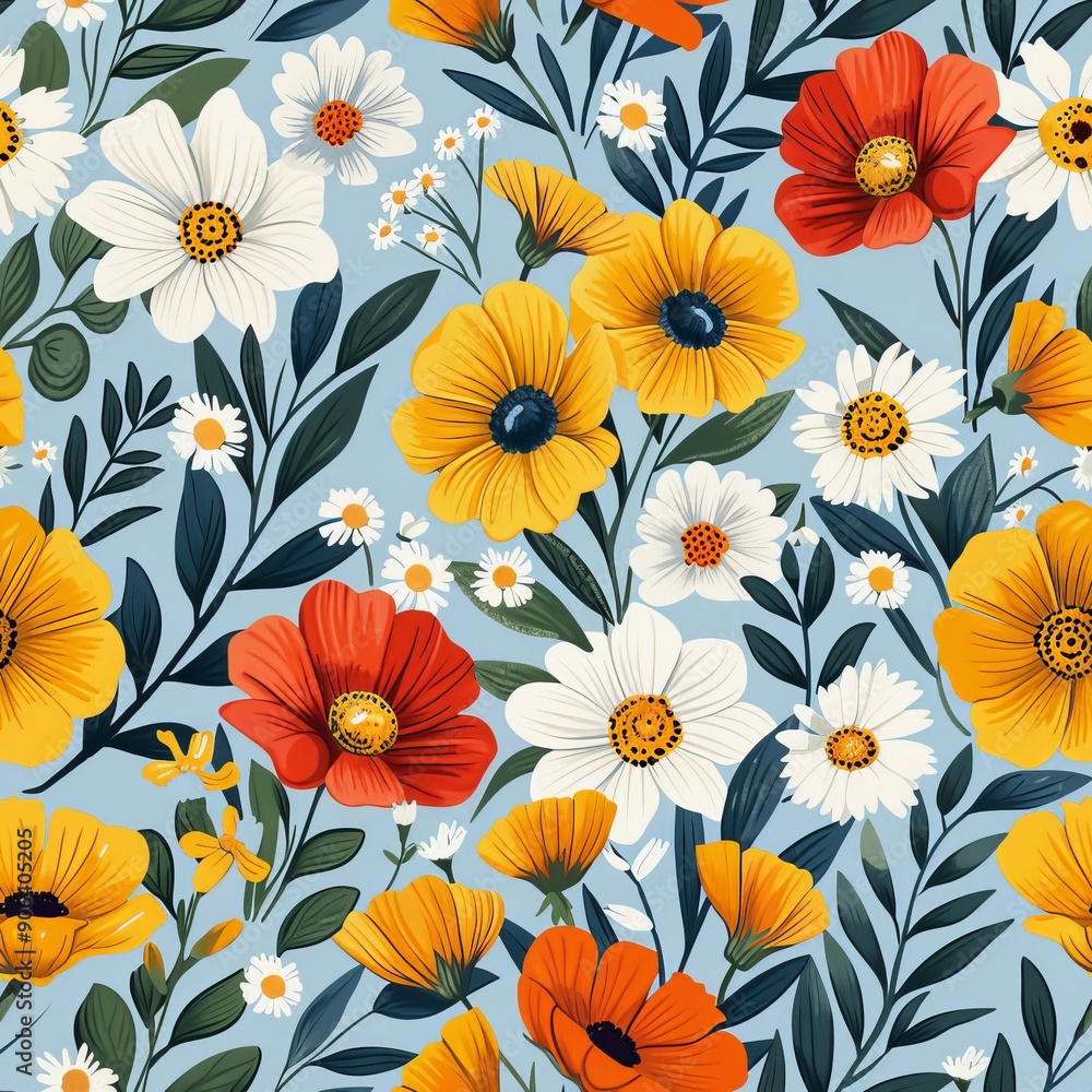 Seamless floral pattern with poppies and daisies Seamless floral pattern with poppies and daisies