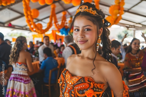 Hispanic girl celebrating her quinceañera in a vibrant, festive environment, surrounded by family and friends, wearing a beautiful traditional dress