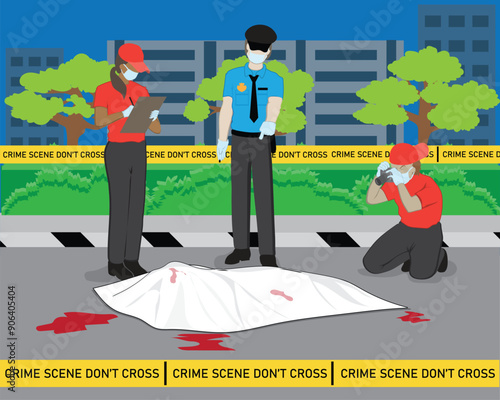 vector design, an illustration of a crime scene on the side of the road where there is a dead victim and the police and several people from the police forensics team are investigating it