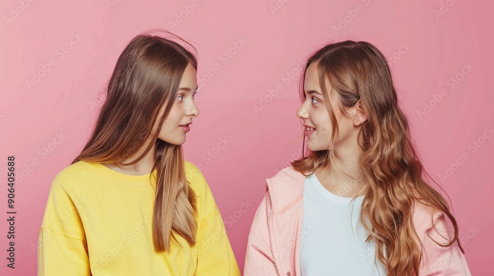 Highly detailed photograph of two girls having a casual conversation with a plain color background Highly detailed photograph of two girls having a casual conversation with a plain color background