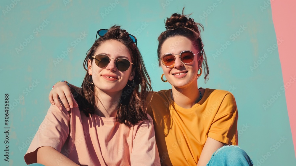 Ultra-sharp focus of two friends sitting together and enjoying their day with a solid color background Ultra-sharp focus of two friends sitting together and enjoying their day with a solid color background