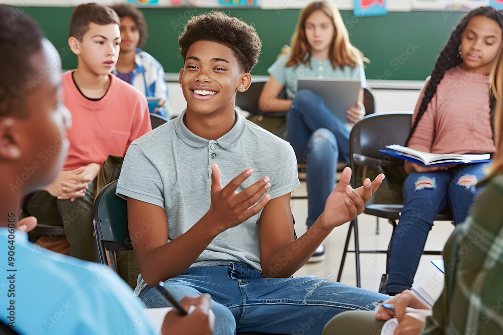 Fototapeta premium Diverse multiethnic group of students in a modern classroom, engaging in interactive learning activities, fostering an inclusive and collaborative educational environment