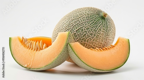 Image of a whole cantaloupe melon alongside two sliced pieces, highlighting its textured exterior and juicy, orange flesh, ideal for healthy eating. photo