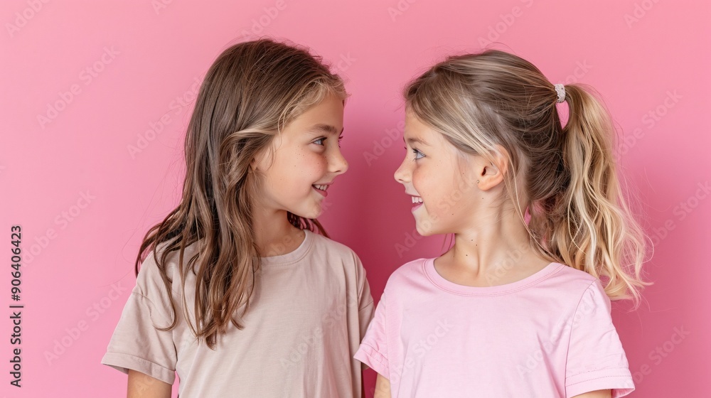 Two girls standing close and sharing a lighthearted moment with a solid color background, ultra-clear Two girls standing close and sharing a lighthearted moment with a solid color background, ultra-clear