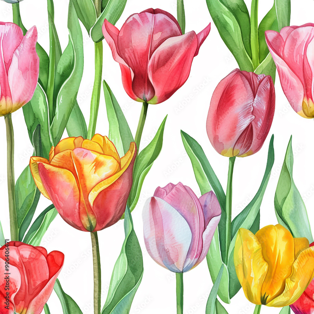 Obraz premium Watercolor tulips pattern, seamless, vector illustration