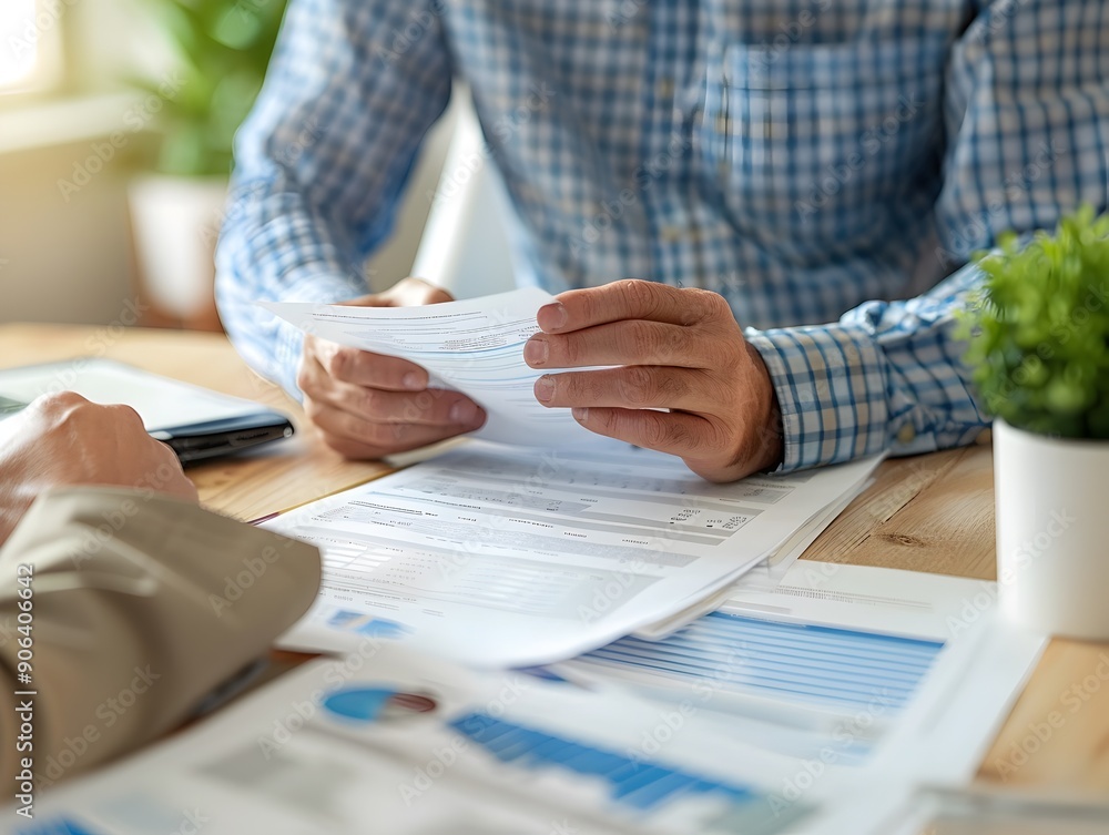 Financial Advisor Discussing Tax Planning with Client using Detailed Documents and Diagrams Financial Advisor Discussing Tax Planning with Client using Detailed Documents and Diagrams