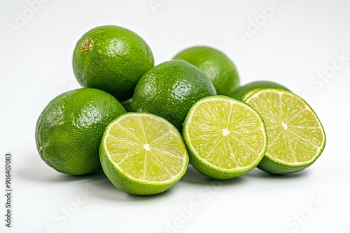 Fresh limes sliced and whole on white background displayed in a kitchen setting