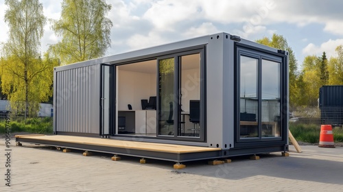 Portable small, mobile or modular temporary prefab steel home, business office. Outdoor industrial workplace, modern architecture interior exterior design, shipping container, real estate property