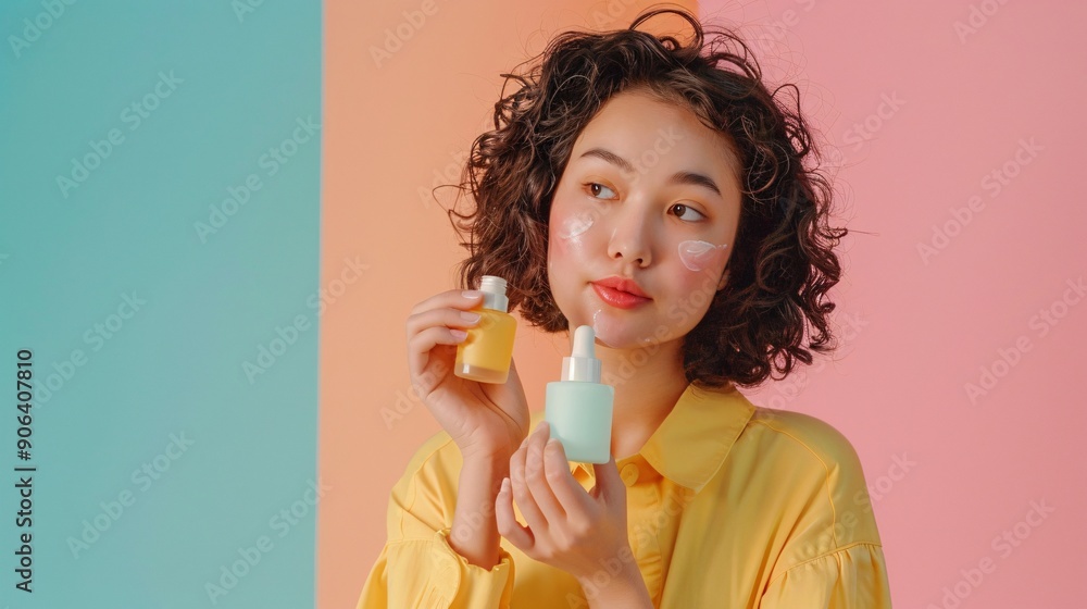 Ultra-sharp focus of a girl applying skincare products in front of a solid color backdrop Ultra-sharp focus of a girl applying skincare products in front of a solid color backdrop