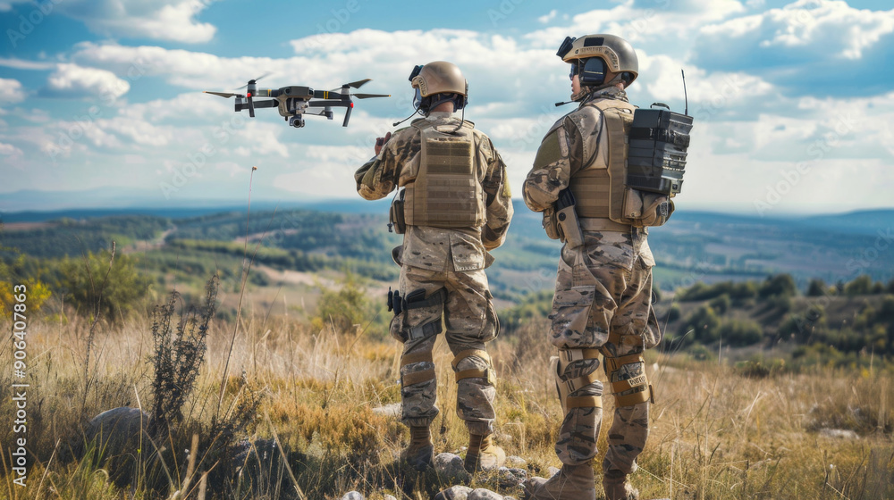Two soldiers are standing on a hill, watching a drone fly above them Two soldiers are standing on a hill, watching a drone fly above them