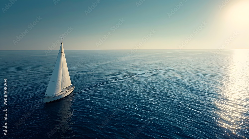 Obraz premium Lone Sailboat Navigating the Boundless Oceanic Expanse Embodying Adventure and Freedom
