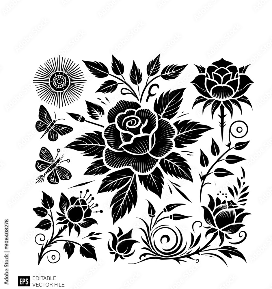 Decorated floral black and white element graphic design Decorated floral black and white element graphic design
