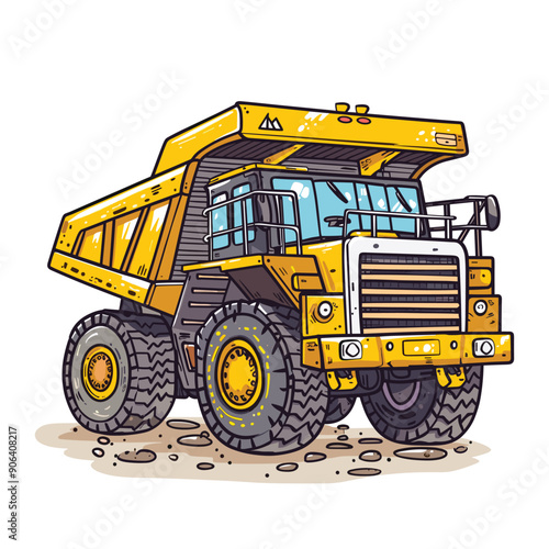 Yellow dump truck cartoon style isolated white background. Huge wheels construction machinery vibrant colors. Detailed heavy vehicle mining equipment illustration