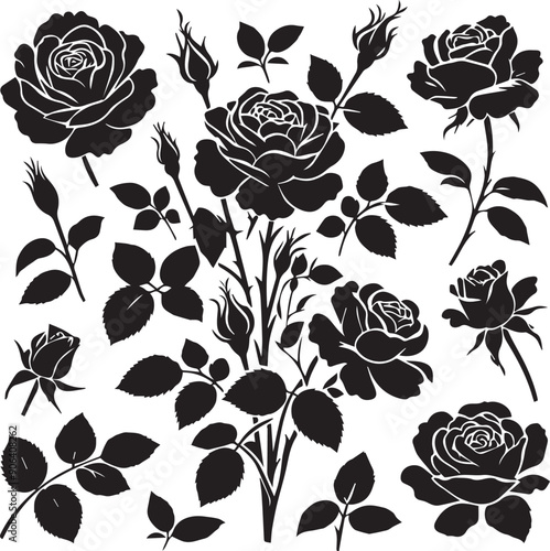 Rose flowers silhouettes Vector set, set of decorative Rose with leaves, Flower silhoutte, Vector illustration,
 photo