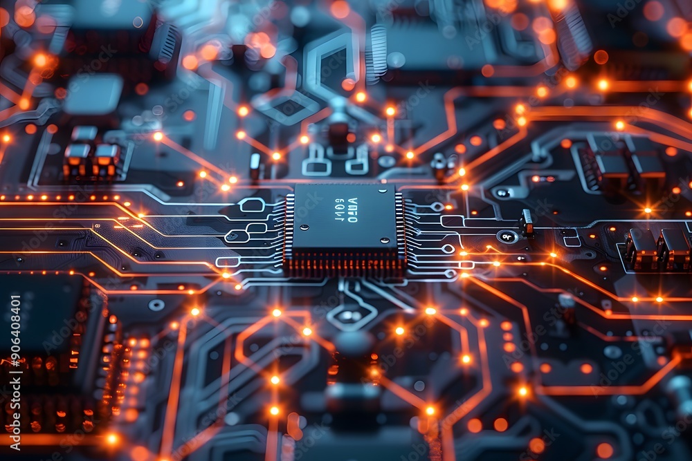 Fototapeta premium Intricate Circuit Board with Glowing Connections and Microchips